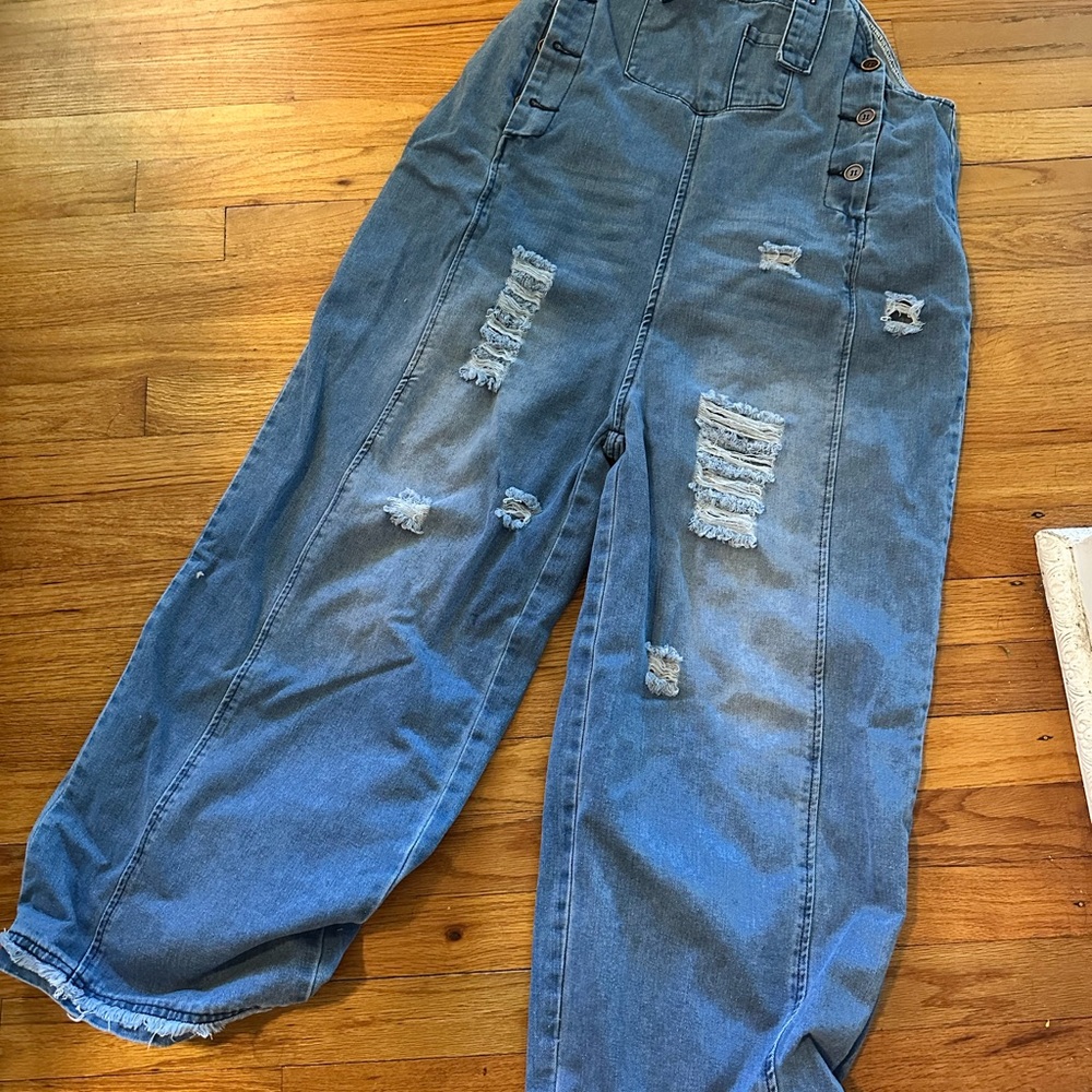 Casual Blue Distressed Women's Denim Overalls